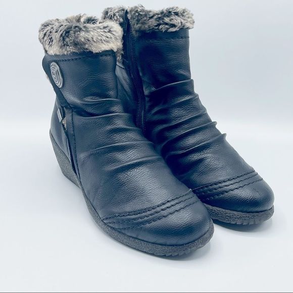 Rieker Faux Fur Wedge Black Booties Size 8 - Picture 1 of 13
